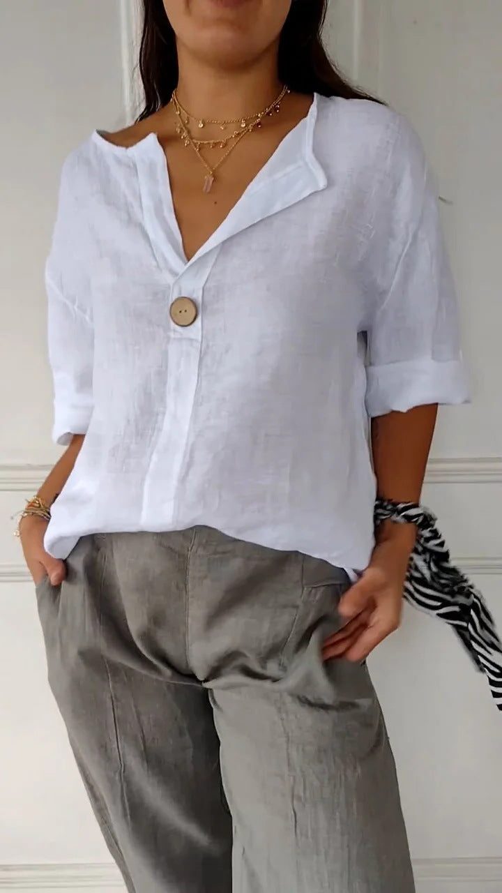 Linen Button-Down Blouse with Roll-Up Sleeves for Women