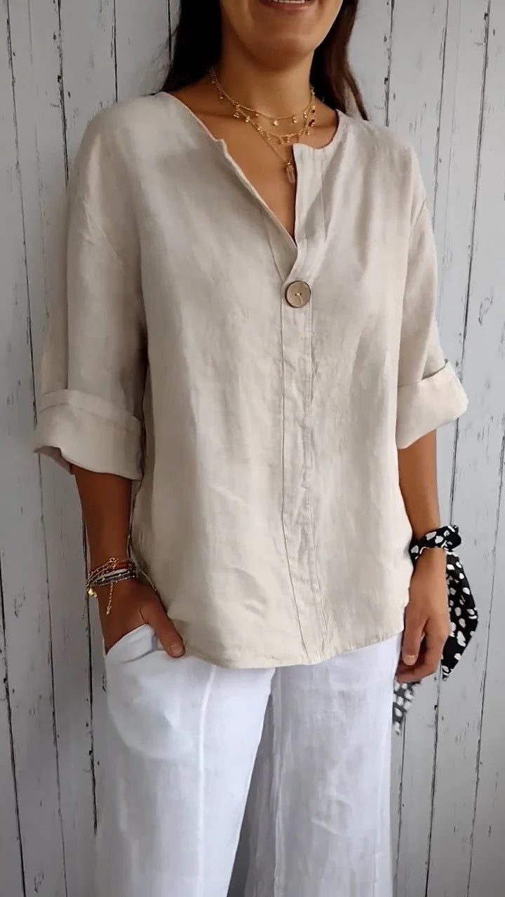 Linen Button-Down Blouse with Roll-Up Sleeves for Women