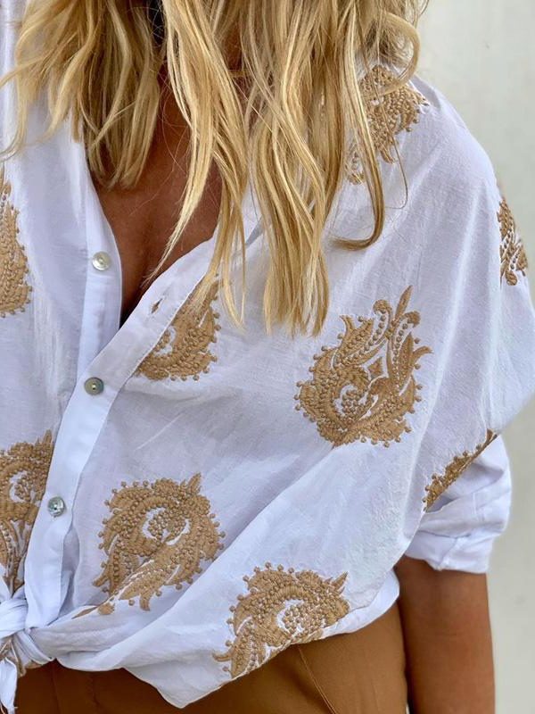 Linen Oversized Button-Down Shirt with Embroidery for Women
