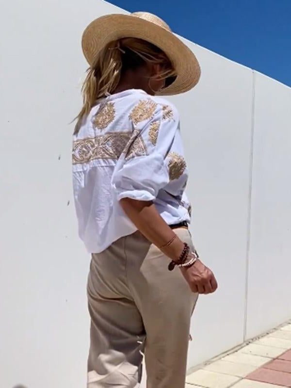 Linen Oversized Button-Down Shirt with Embroidery for Women