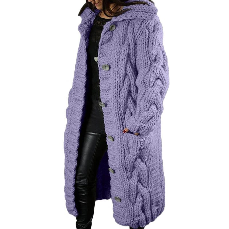 Long Cable Knit Hooded Cardigan Coat for Women - Purple
