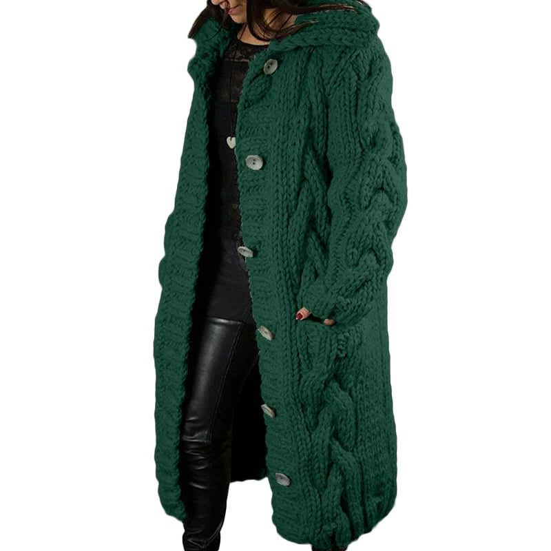Long Cable Knit Hooded Cardigan Coat for Women - Green