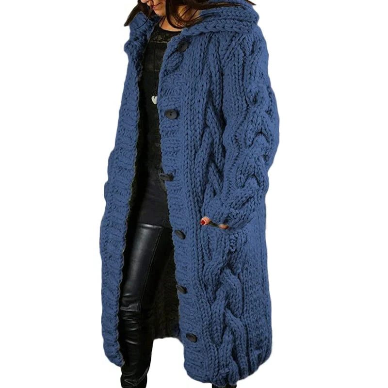 Long Cable Knit Hooded Cardigan Coat for Women - Navy