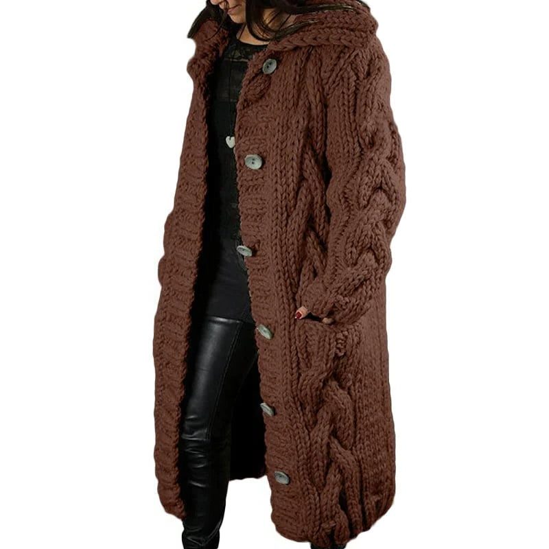 Long Cable Knit Hooded Cardigan Coat for Women - Brown