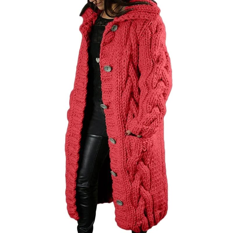 Long Cable Knit Hooded Cardigan Coat for Women - Red
