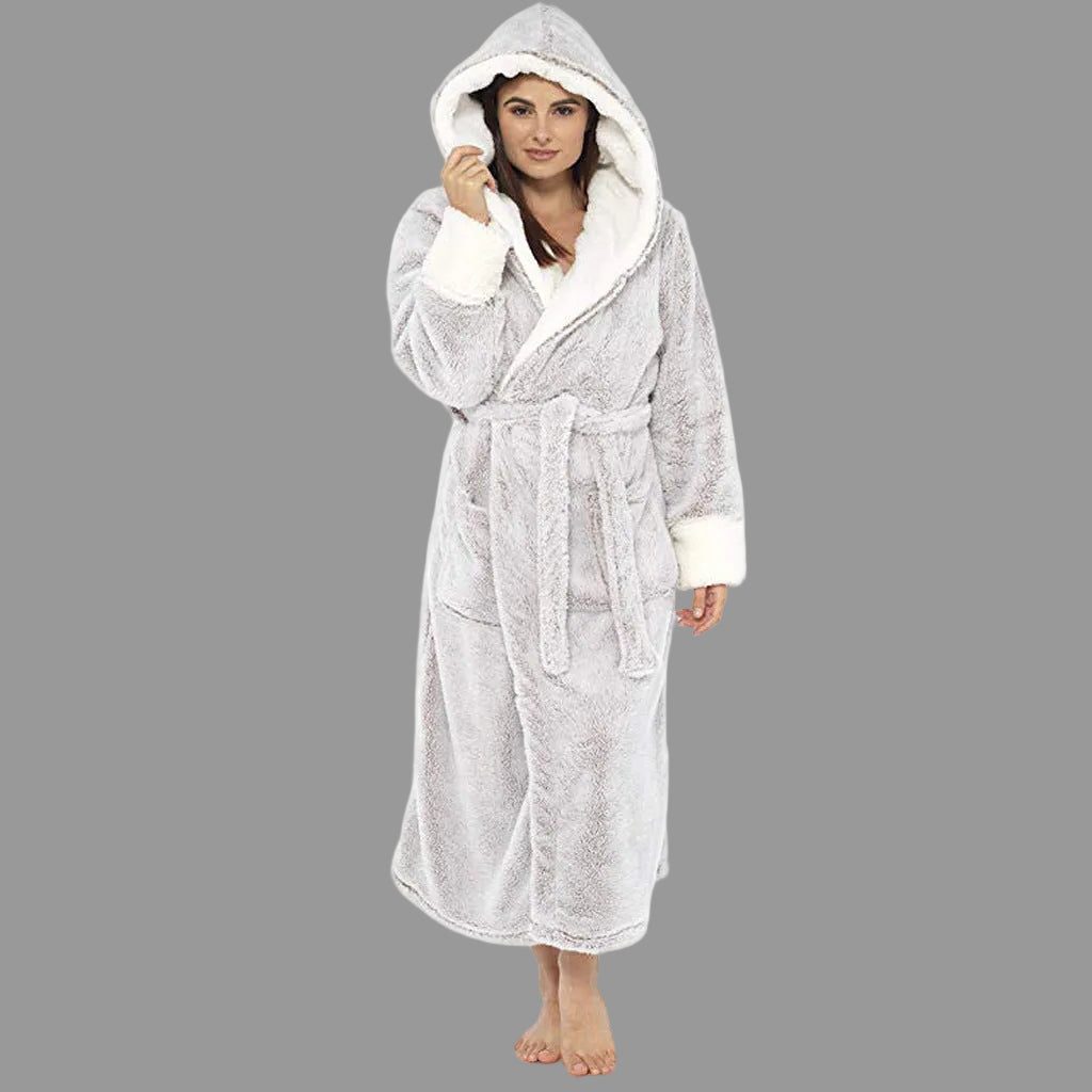 Long Hooded Bathrobe with Tie Belt for Women