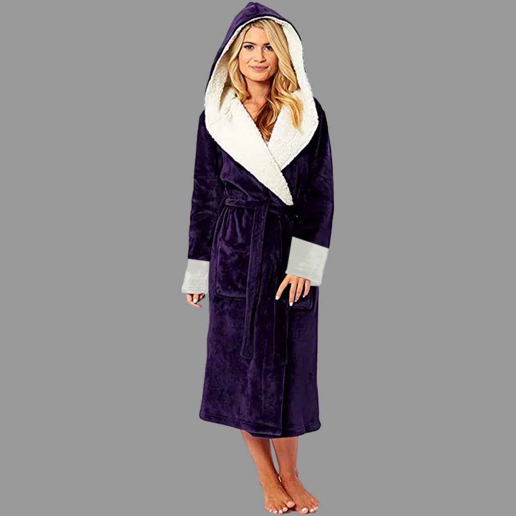 Long Hooded Bathrobe with Tie Belt for Women - Purple