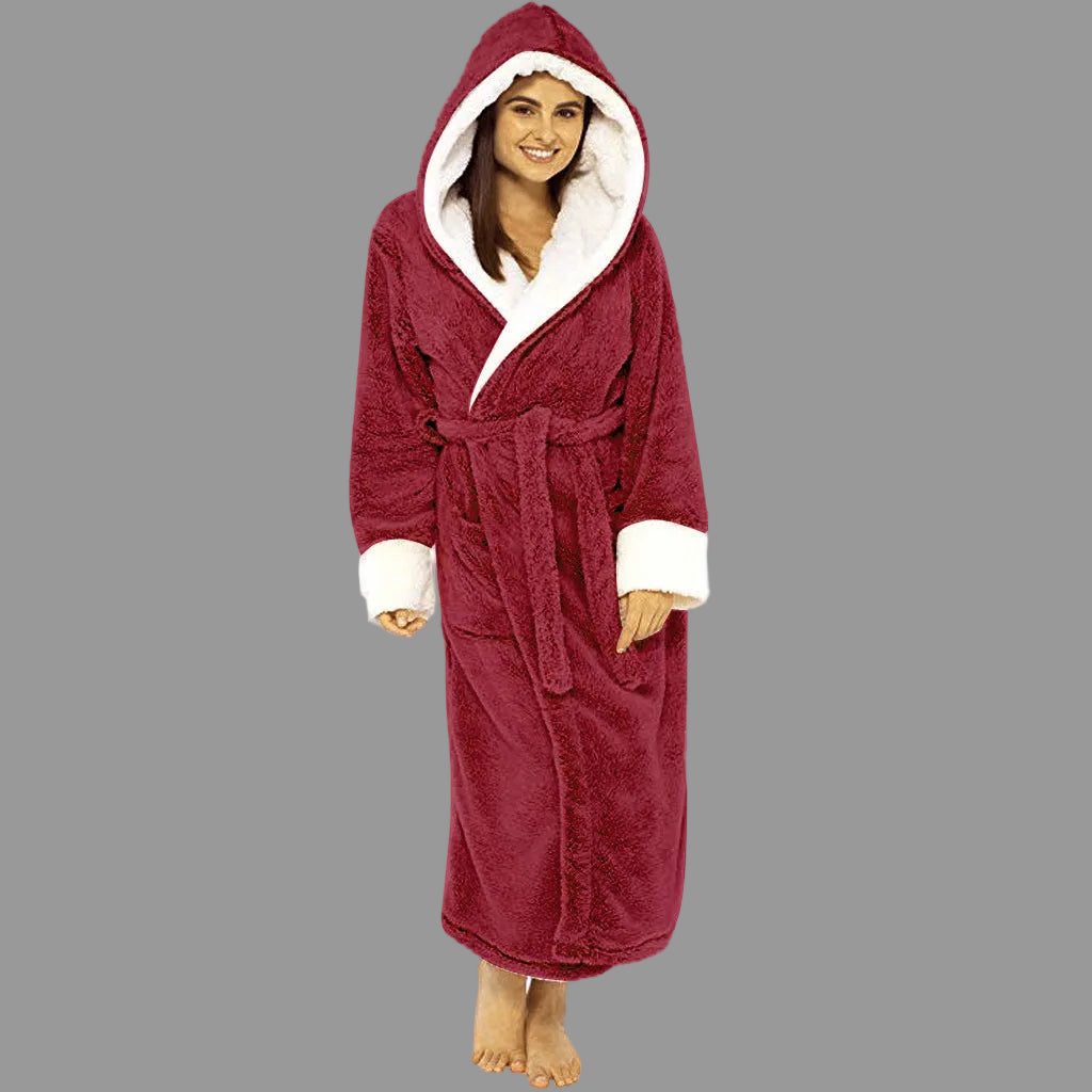 Long Hooded Bathrobe with Tie Belt for Women - Red