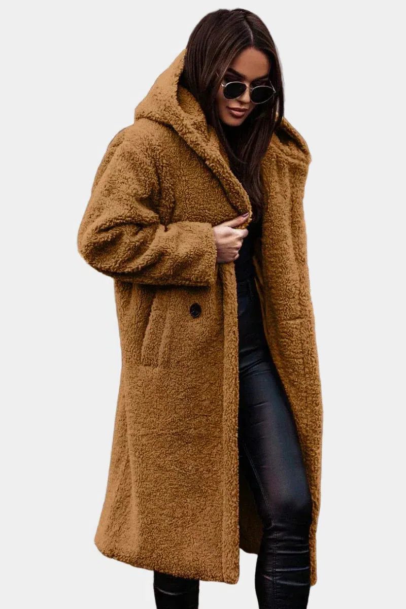 Long Hooded Teddy Winter Coat for Women - Brown
