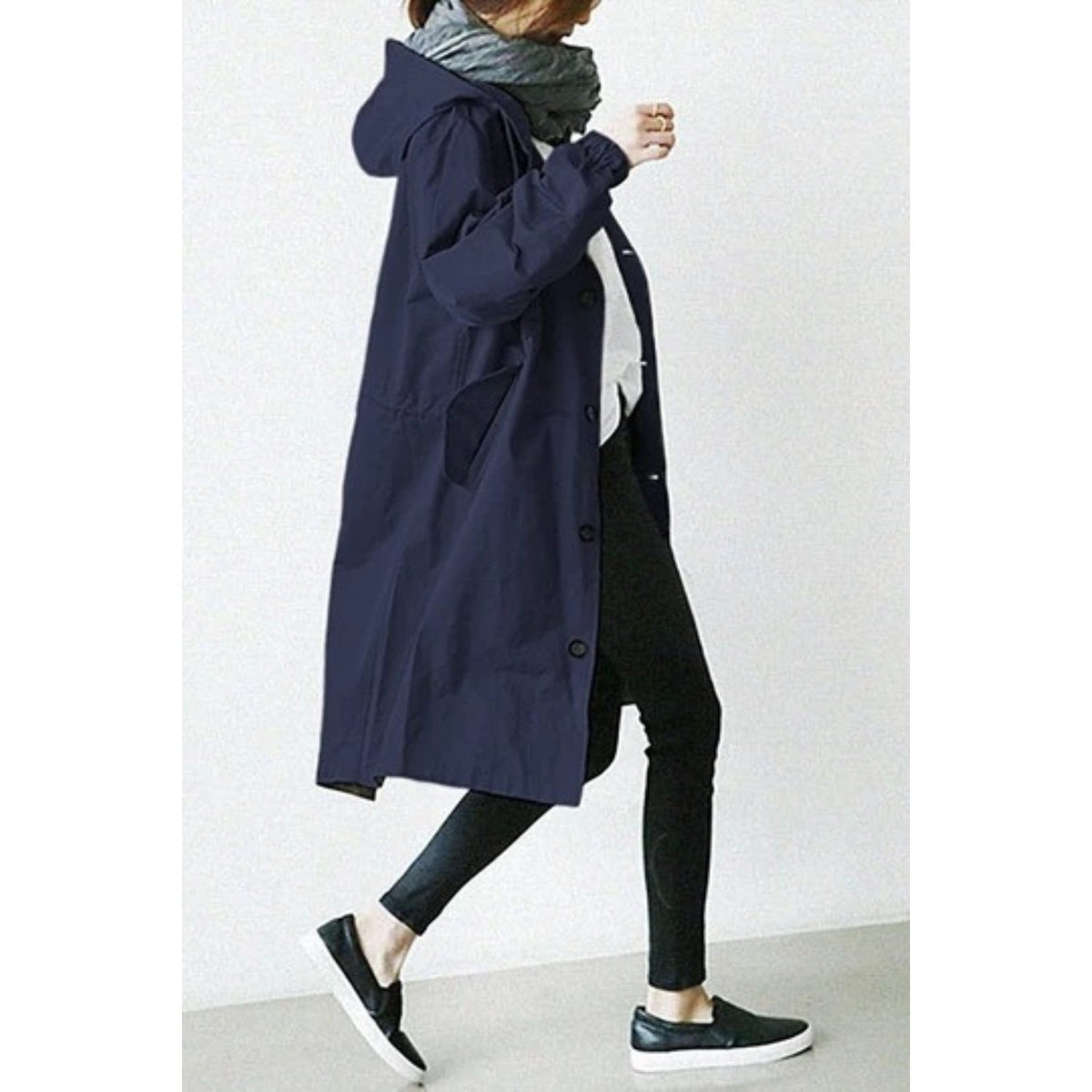 Long Hooded Trench Coat for Women - Dark Blue