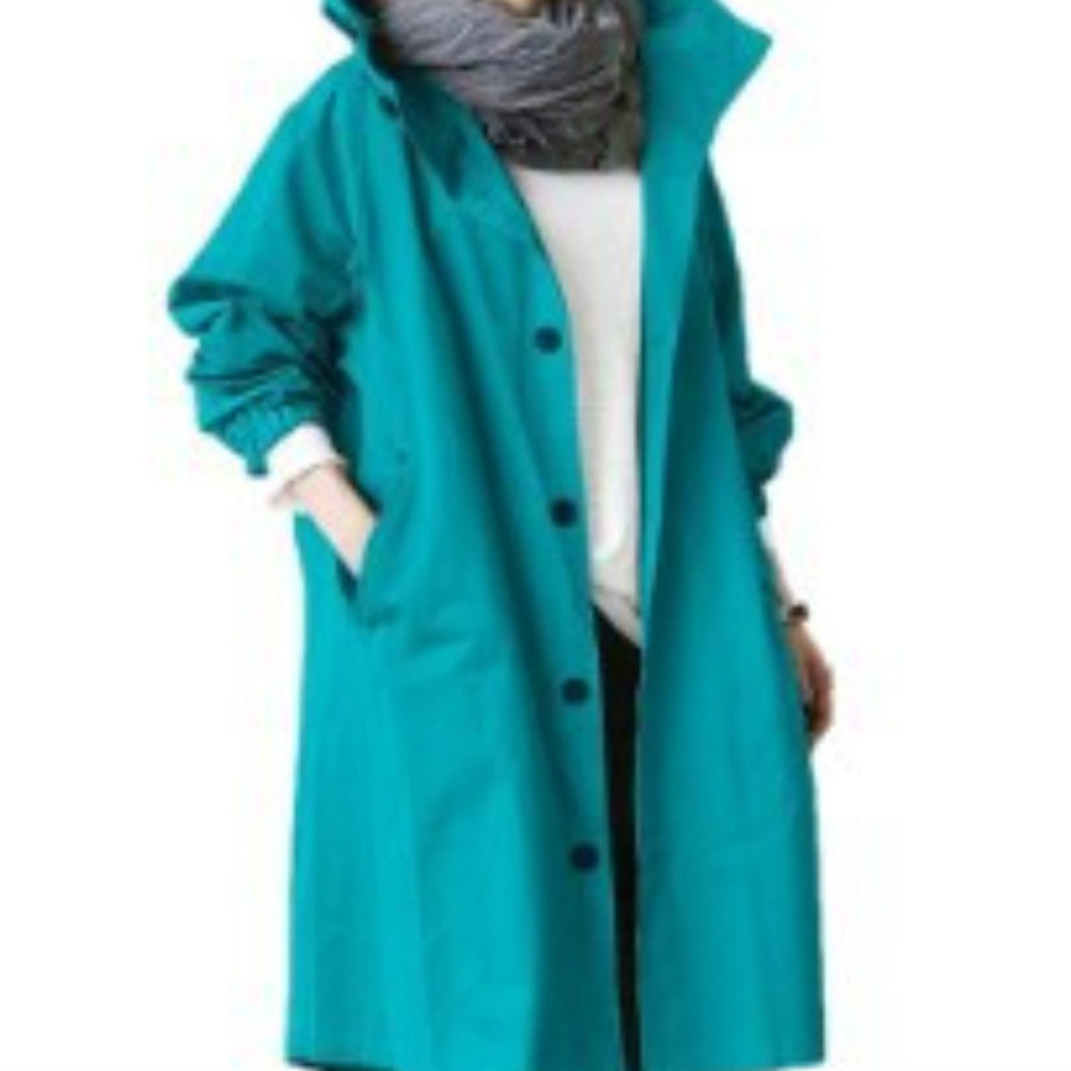 Long Hooded Trench Coat for Women - Blue