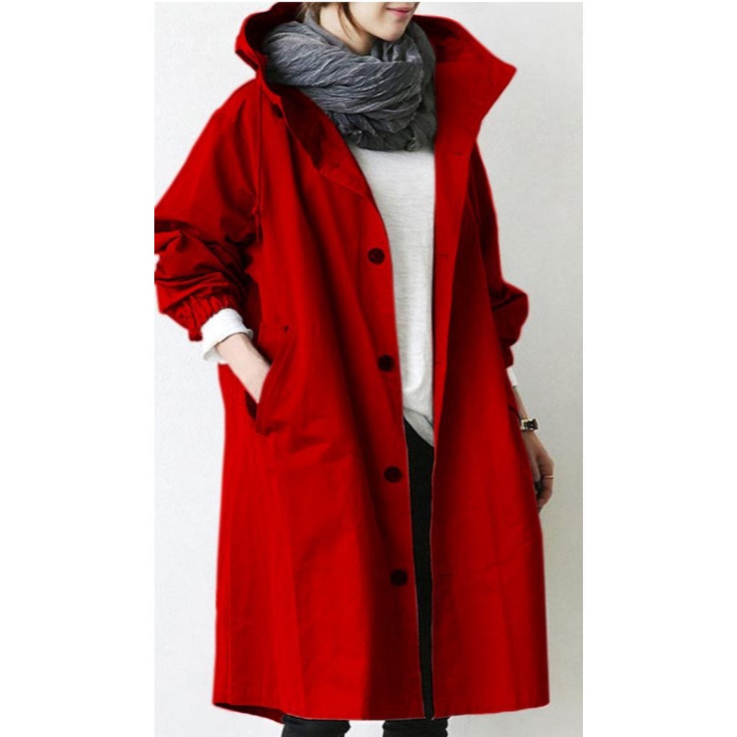 Long Hooded Trench Coat for Women - Red