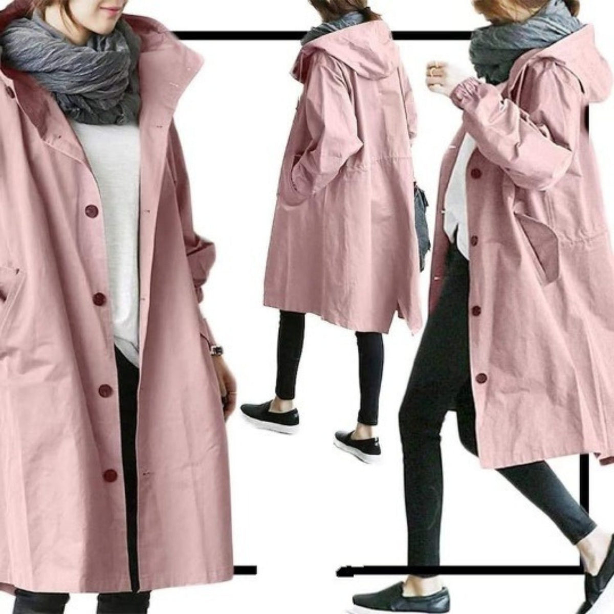 Long Hooded Trench Coat for Women - Pink