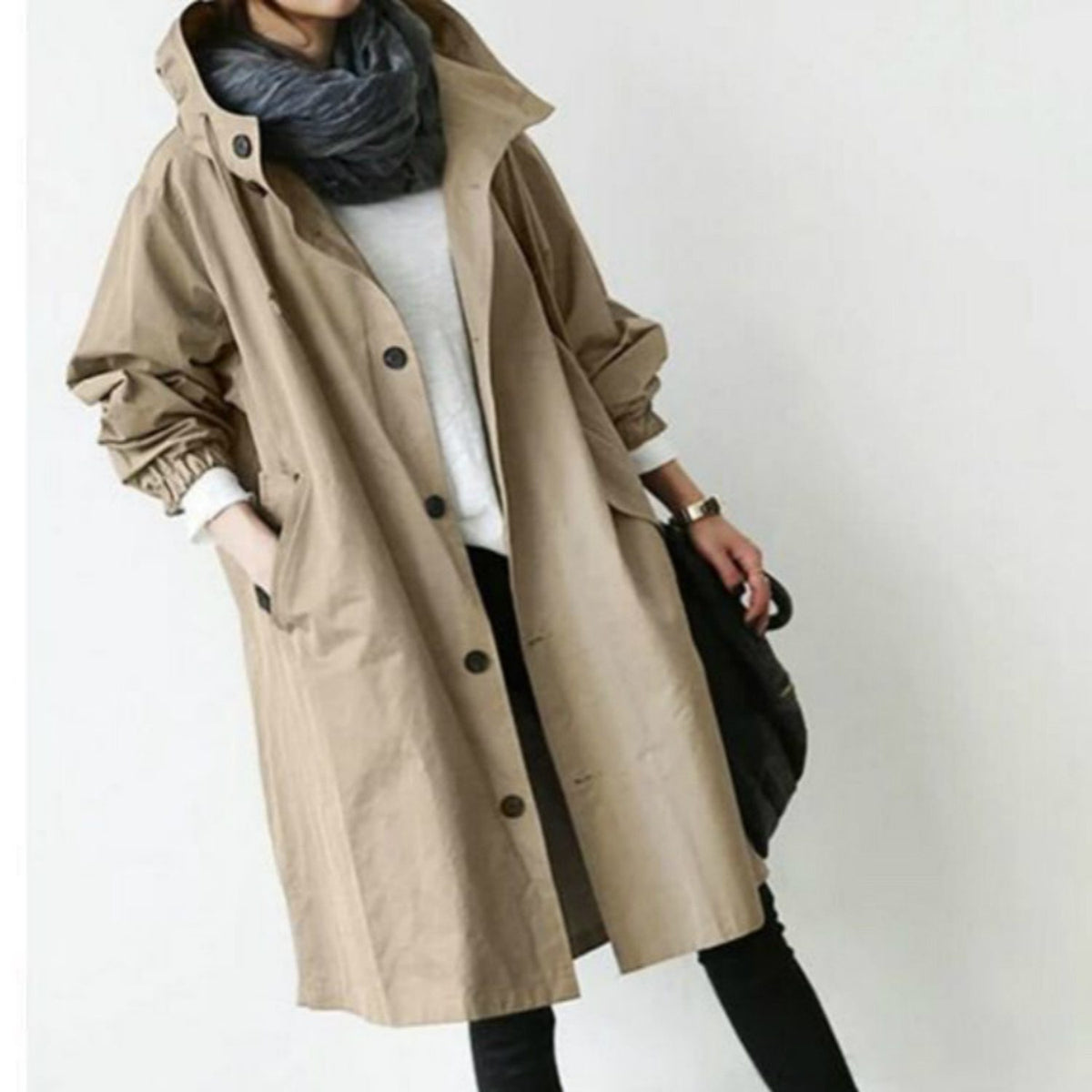 Long Hooded Trench Coat for Women - Tan