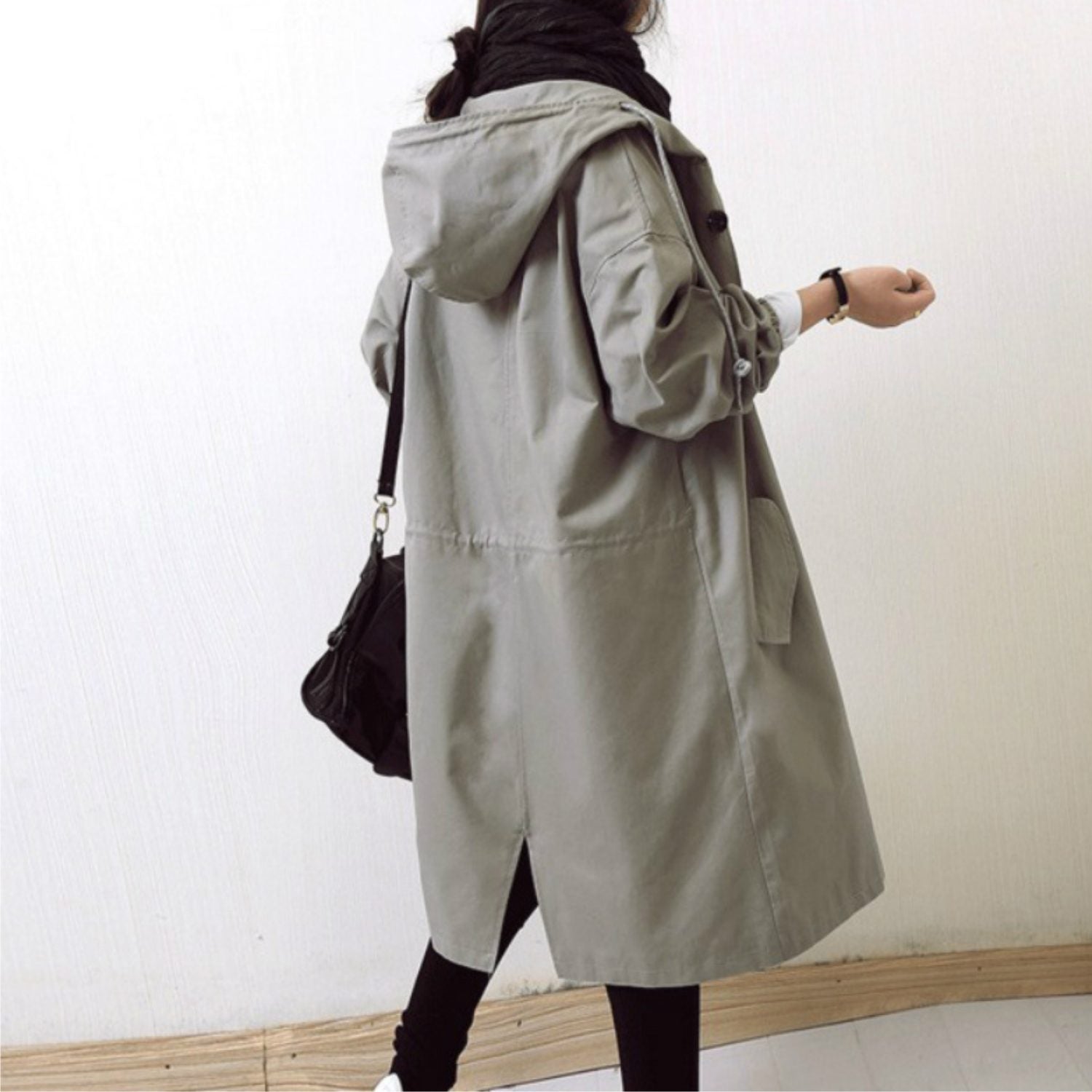 Long Hooded Trench Coat for Women - Gray
