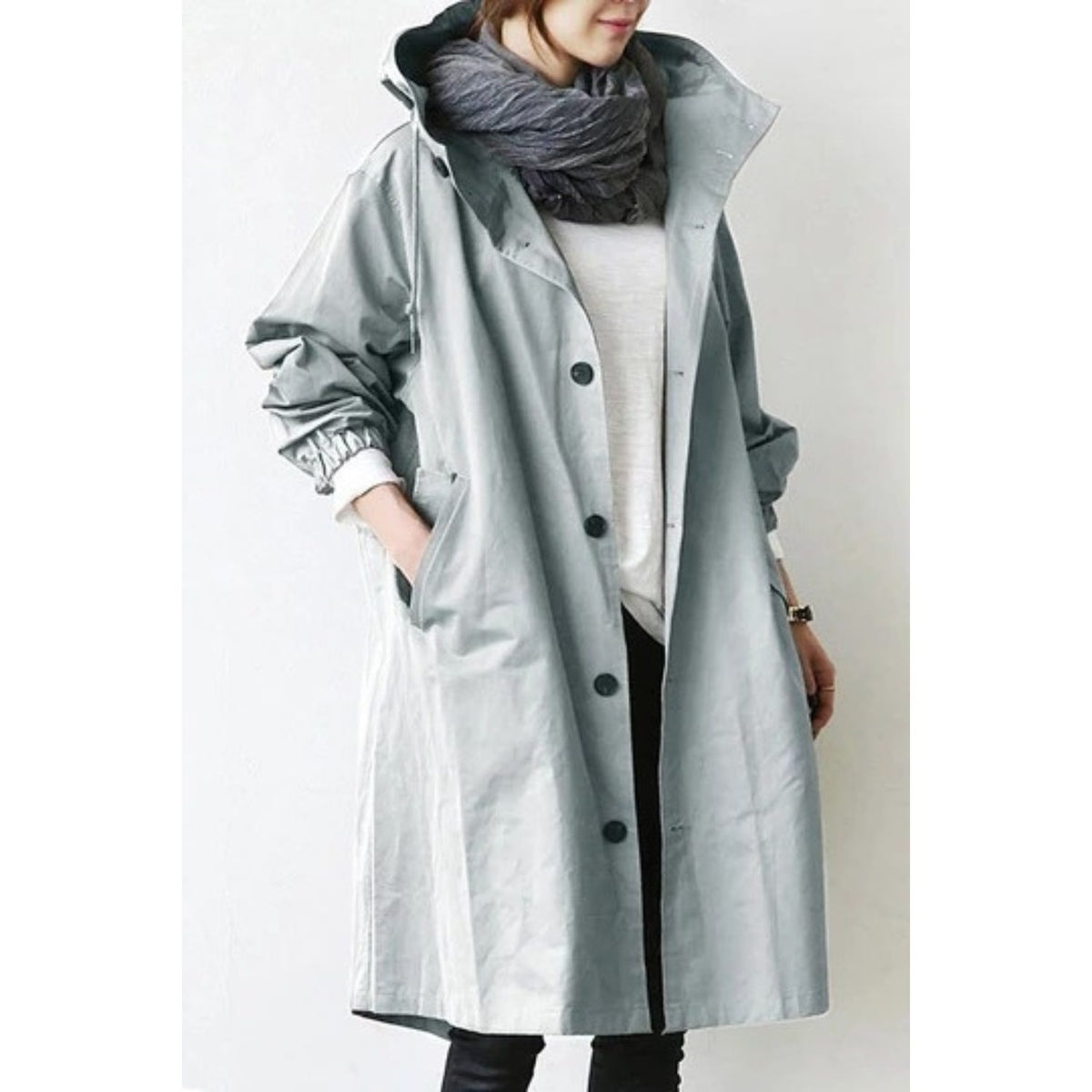 Long Hooded Trench Coat for Women - Light Gray