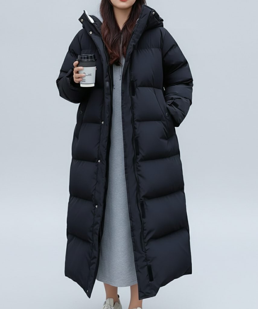 Long Puffer Coat with Sherpa Collar for Women - Black