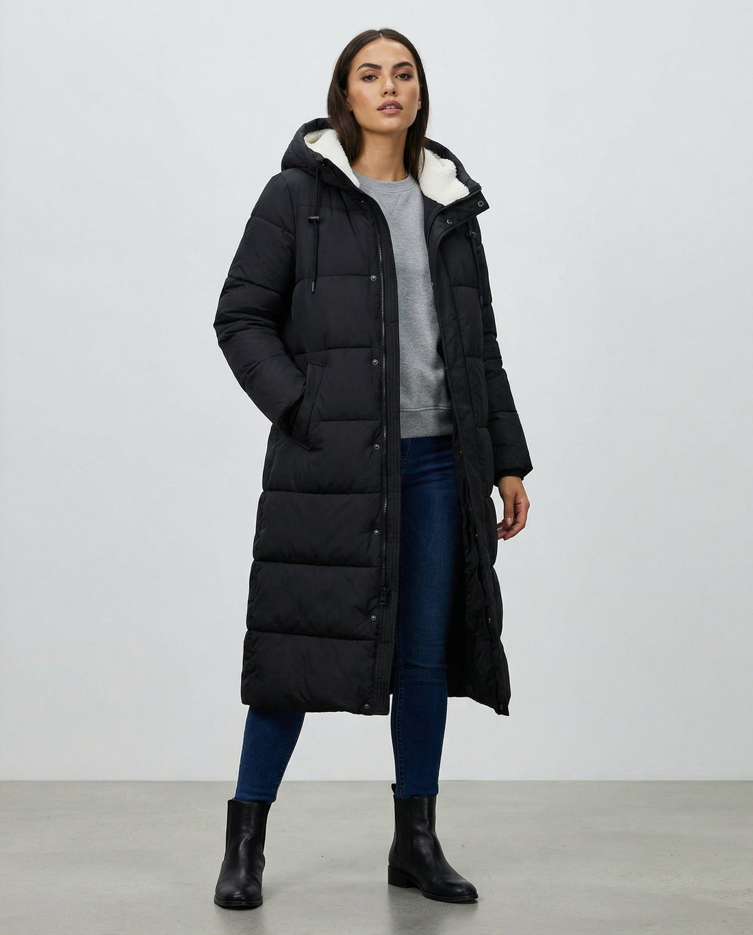 Long Puffer Coat with Sherpa Collar for Women