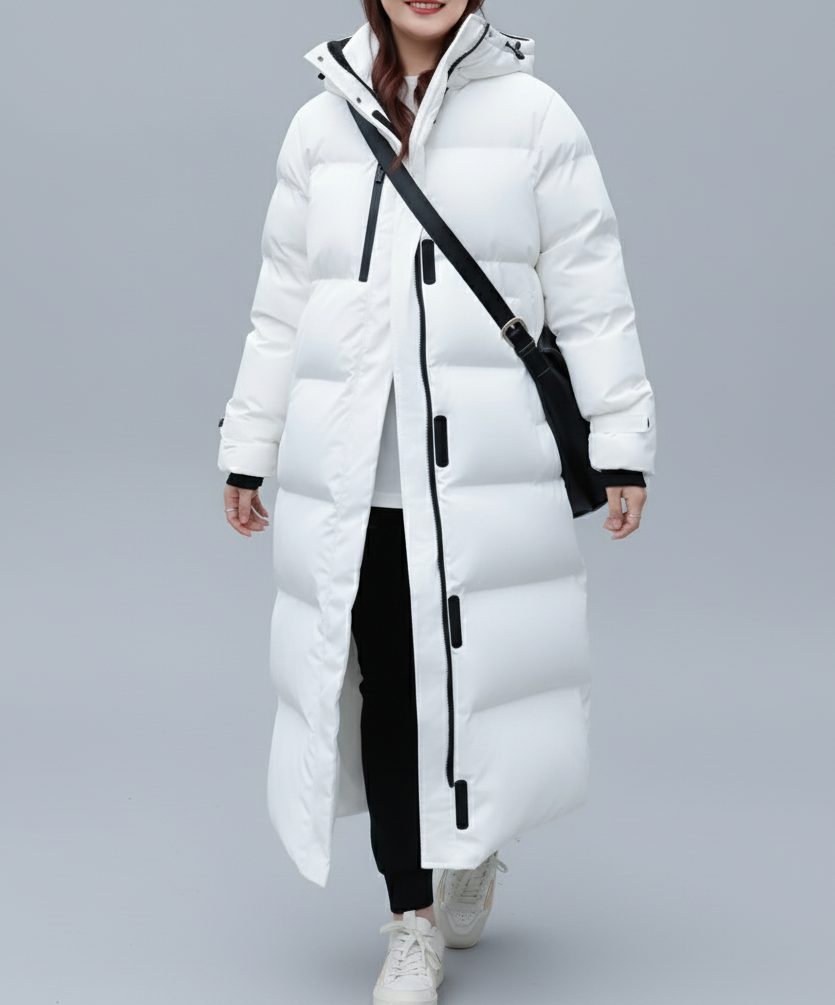 Long Puffer Coat with Sherpa Collar for Women - White