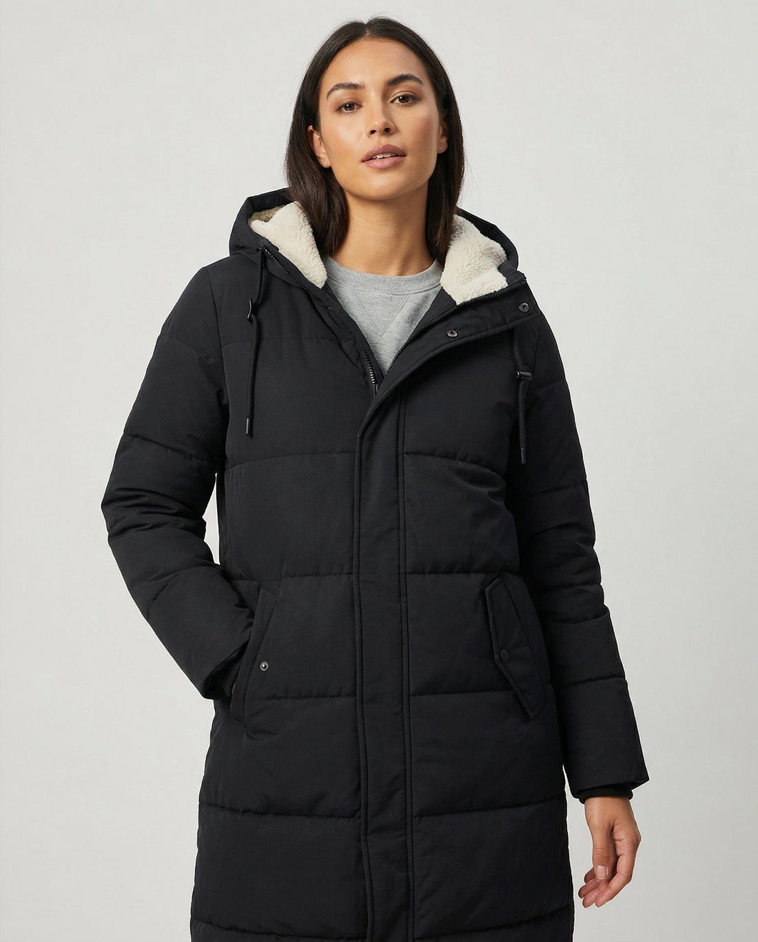 Long Puffer Coat with Sherpa Collar for Women