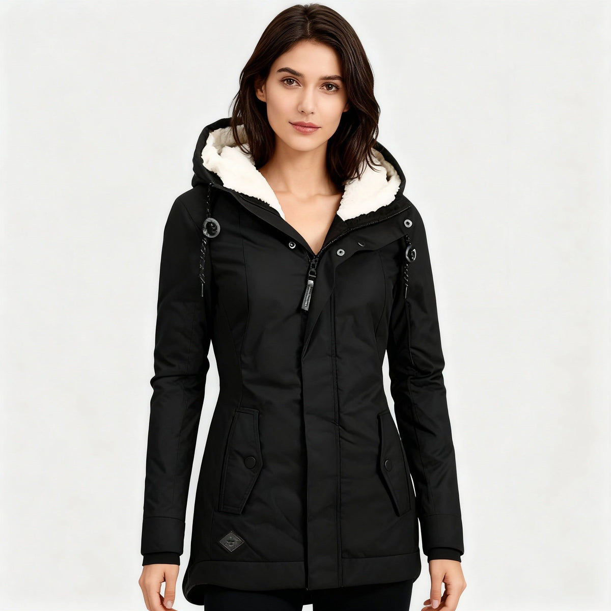 Long Puffer Jacket with Fleece Lining for Women - Black