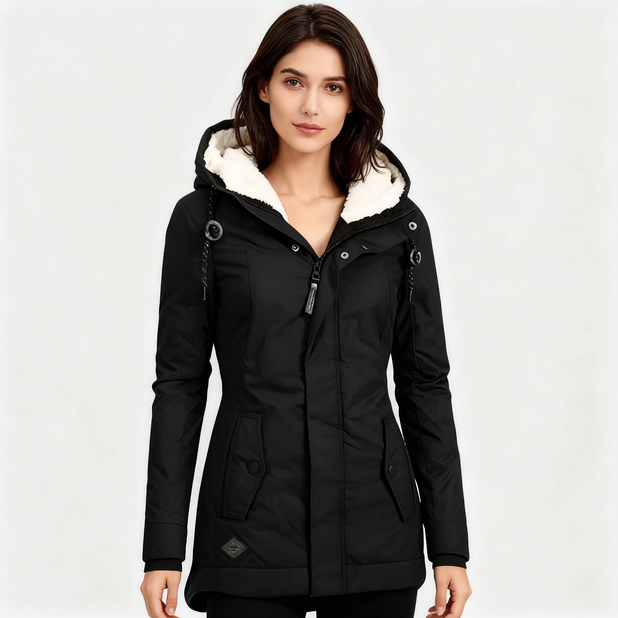 Long Puffer Jacket with Fleece Lining for Women - Black