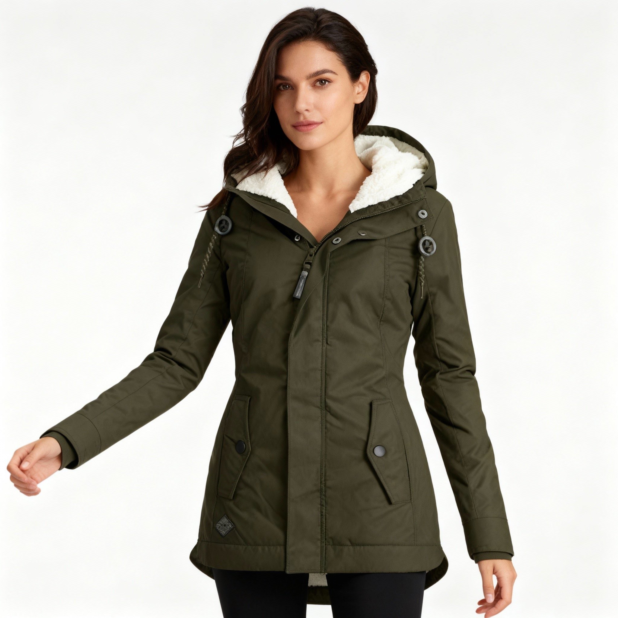 Long Puffer Jacket with Fleece Lining for Women - Green