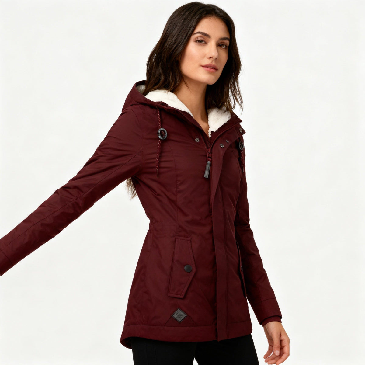 Long Puffer Jacket with Fleece Lining for Women - Red