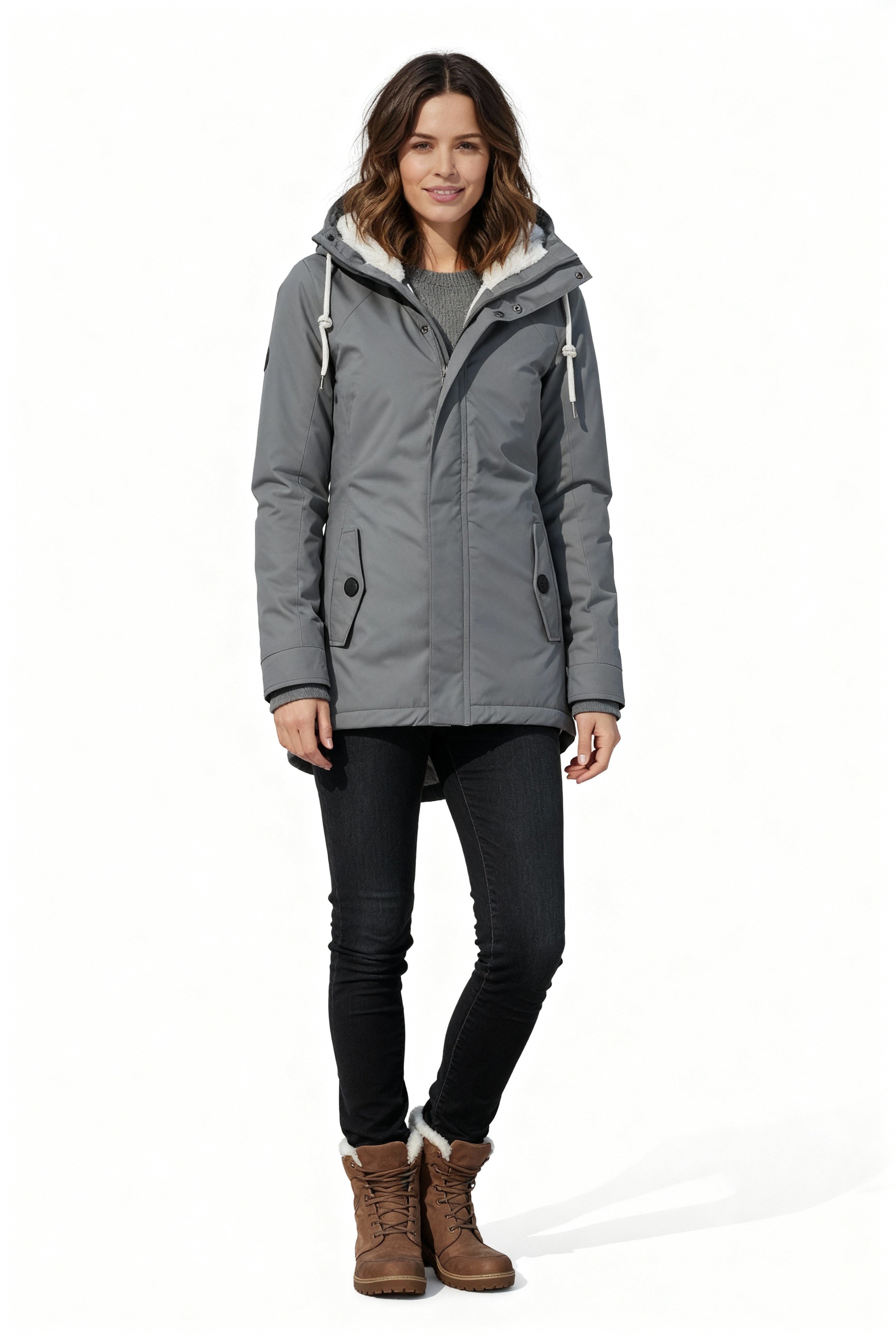 Long Puffer Jacket with Fleece Lining for Women - Gray
