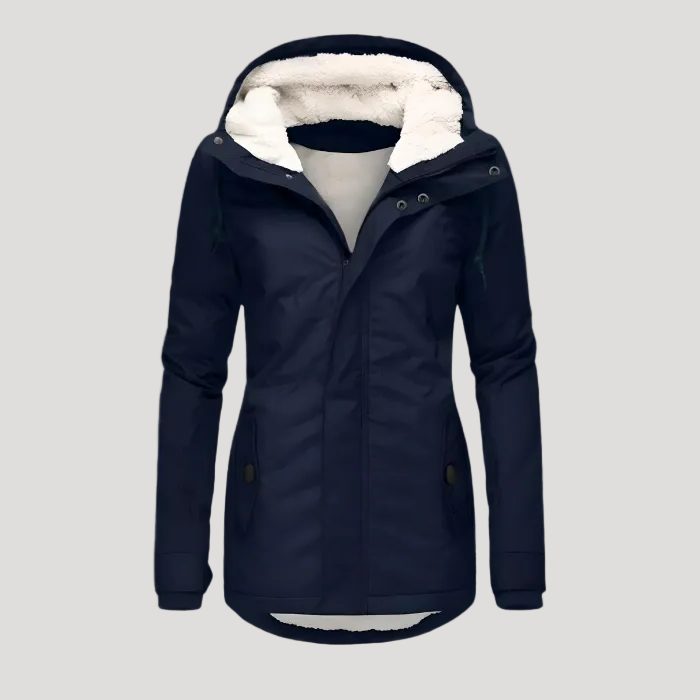 Long Puffer Jacket with Fleece Lining for Women - Navy & Blue