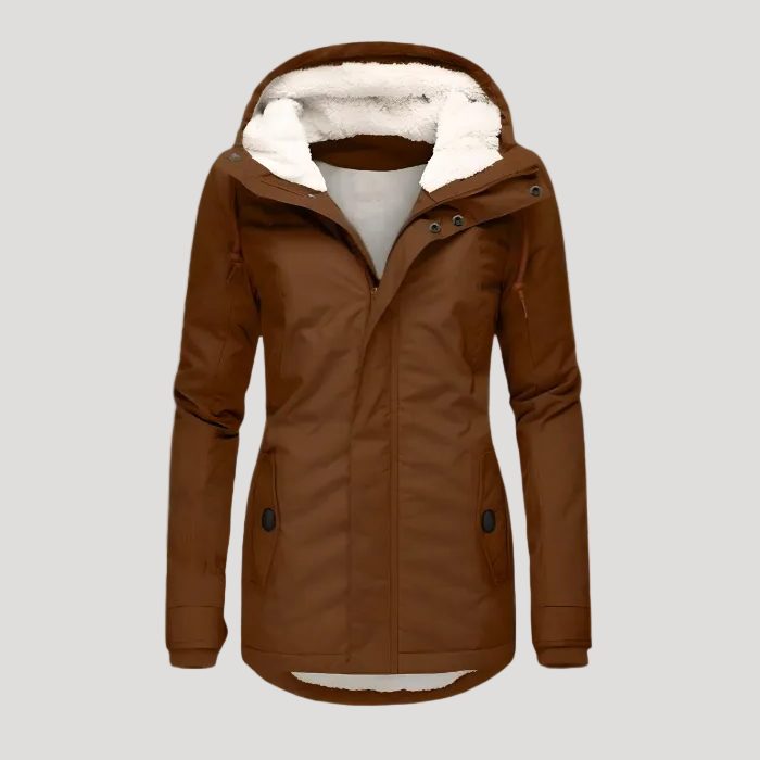 Long Puffer Jacket with Fleece Lining for Women - Khaki