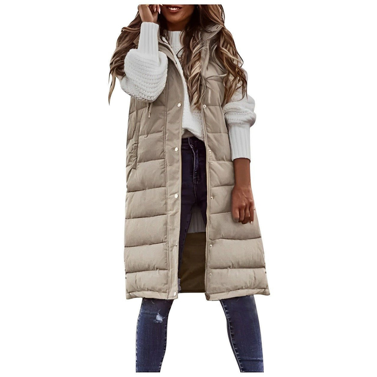 Long Quilted Puffer Gilet with Button-Front for Women