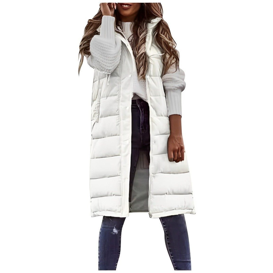 Long Quilted Puffer Gilet with Button-Front for Women - White