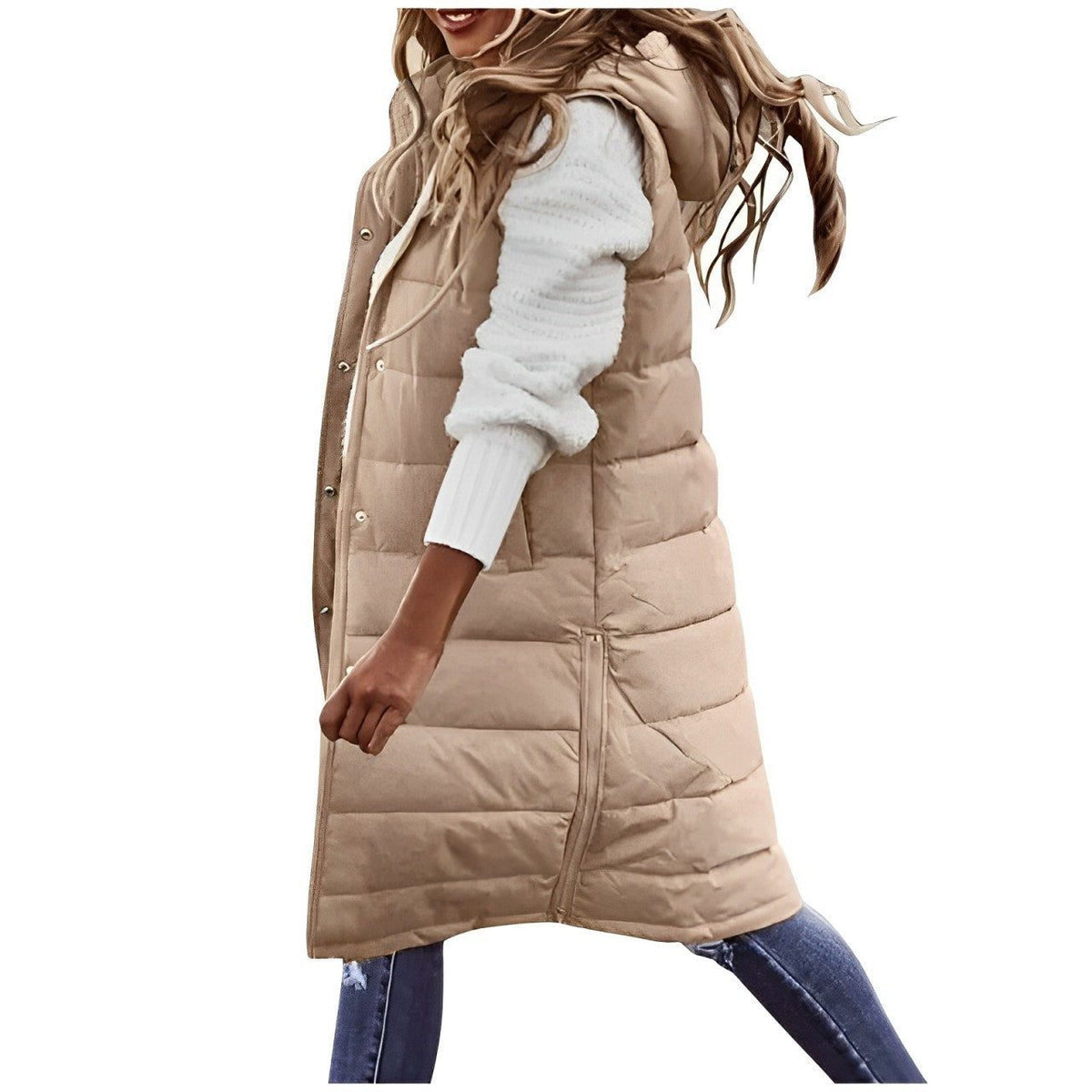 Long Quilted Puffer Gilet with Button-Front for Women - Khaki