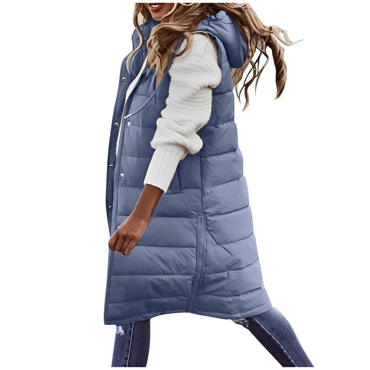 Long Quilted Puffer Gilet with Button-Front for Women - Blue