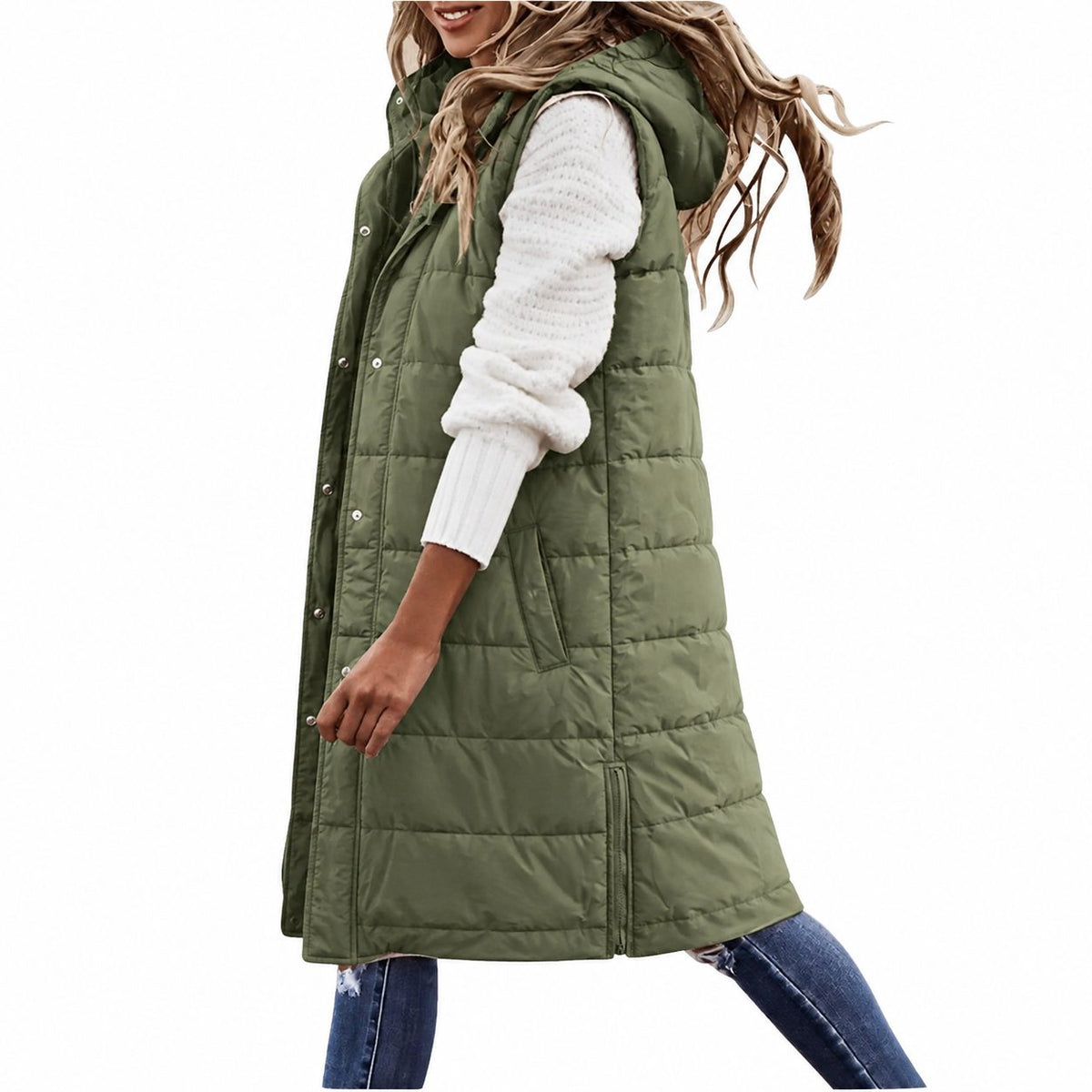 Long Quilted Puffer Gilet with Button-Front for Women - Green
