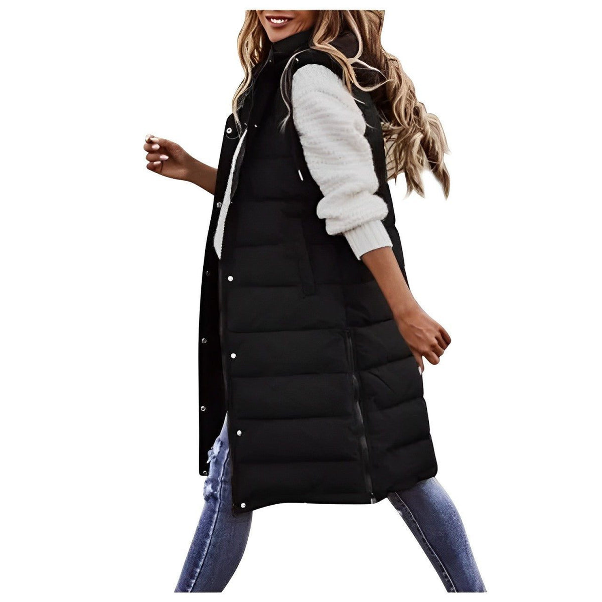 Long Quilted Puffer Gilet with Button-Front for Women - Black