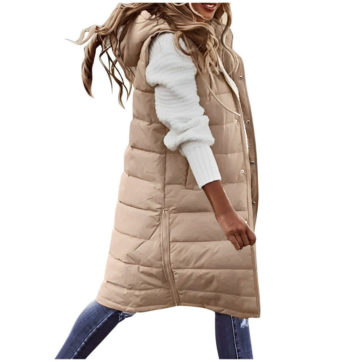 Long Quilted Puffer Vest for Women - Khaki