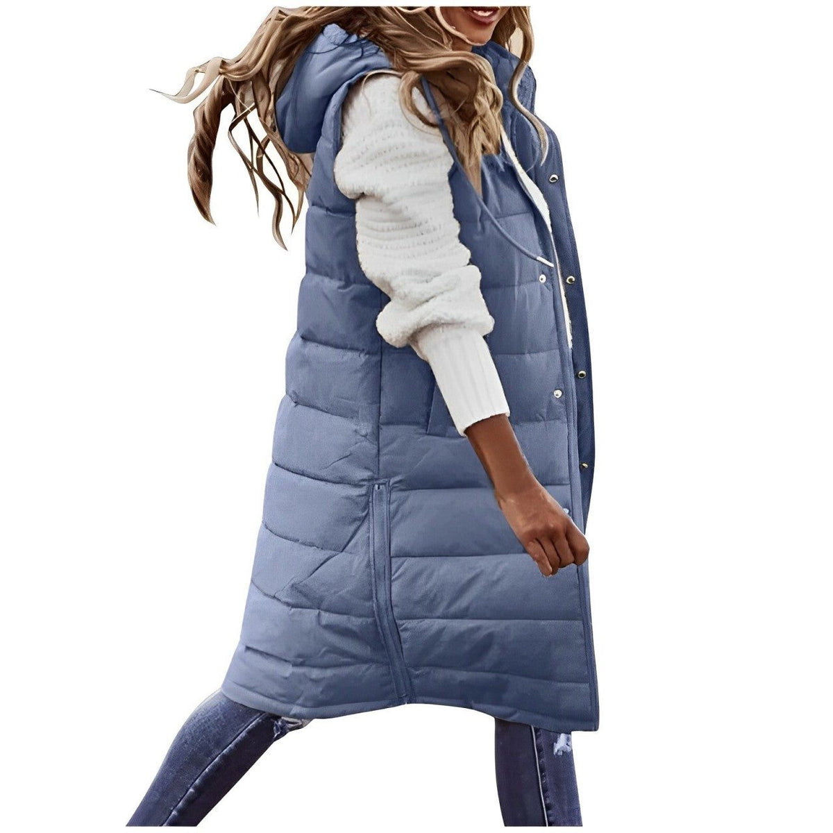 Long Quilted Puffer Vest for Women - Blue