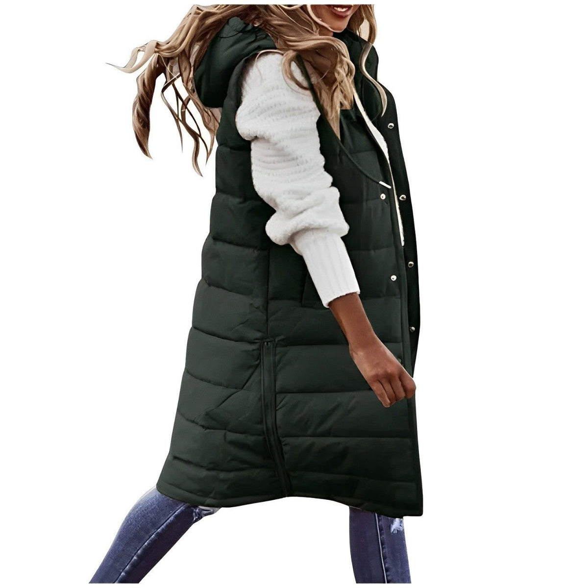 Long Quilted Puffer Vest for Women - Green