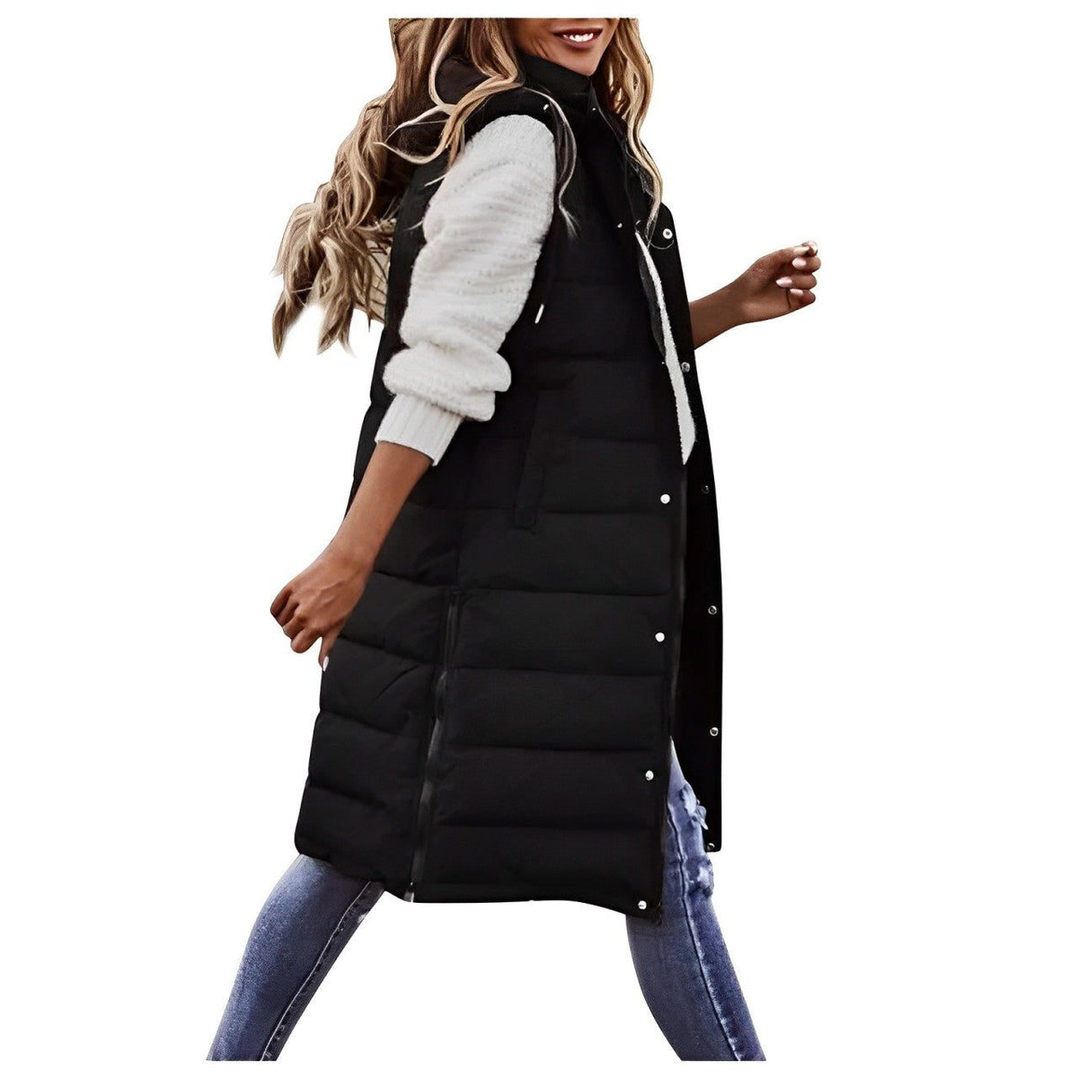 Long Quilted Puffer Vest for Women - Black
