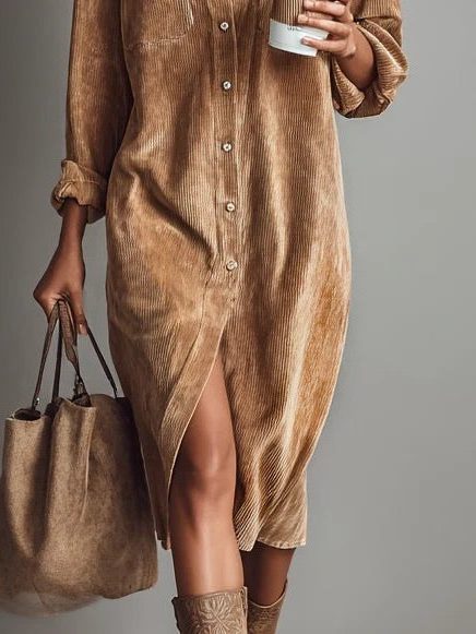 Long Sleeve Button Down Midi Shirt Dress for Women - Brown