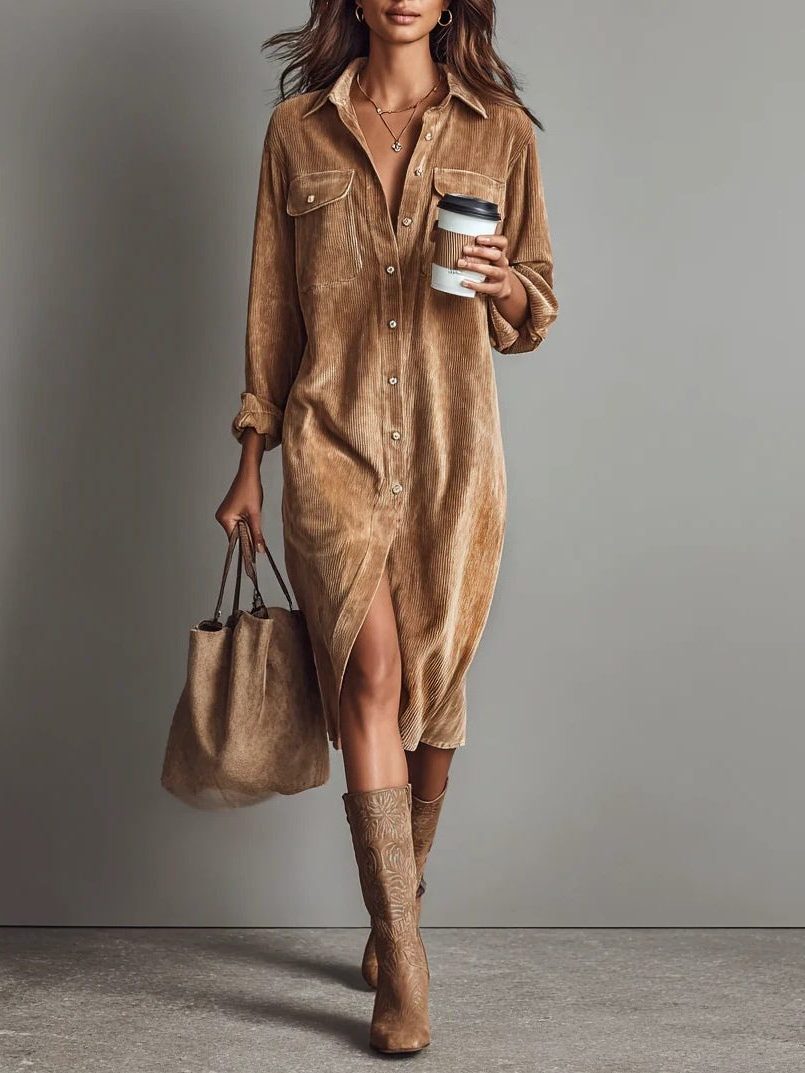 Long Sleeve Button Down Midi Shirt Dress for Women