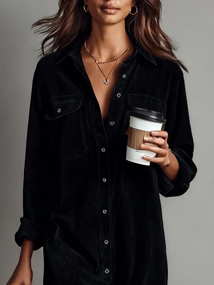 Long Sleeve Button Down Midi Shirt Dress for Women - Black