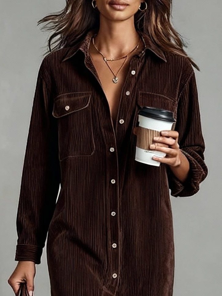 Long Sleeve Button Down Midi Shirt Dress for Women - Dark Brown
