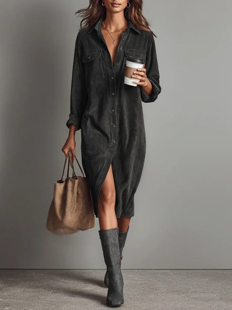 Long Sleeve Button Down Midi Shirt Dress for Women - Grey