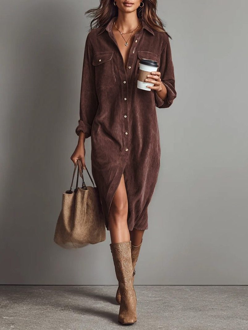 Long Sleeve Button Down Midi Shirt Dress for Women - Reddish Brown