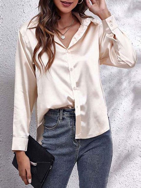 Long Sleeve Button-Down Satin Blouse for Women - Deep Khaki