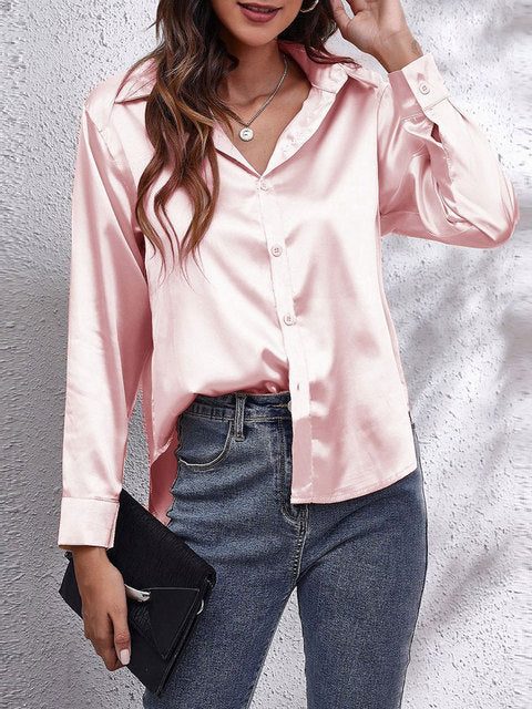 Long Sleeve Button-Down Satin Blouse for Women - Pink