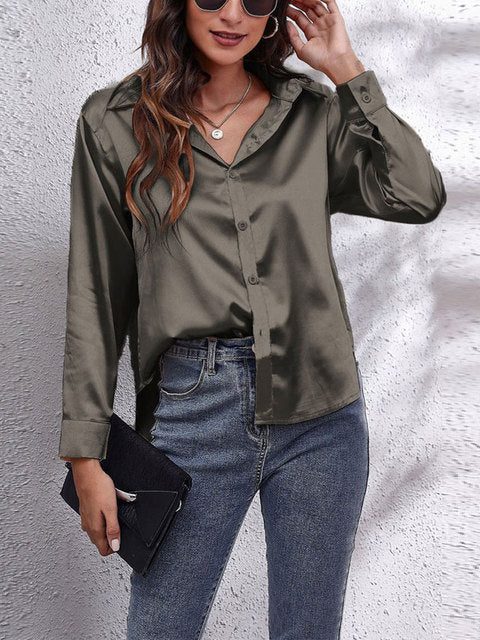 Long Sleeve Button-Down Satin Blouse for Women - Dark Gray